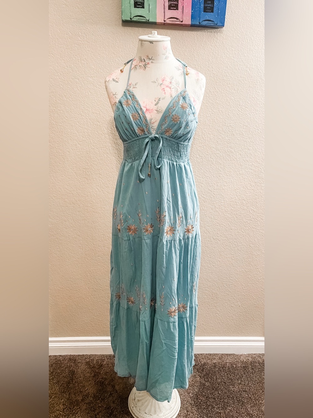 Women’s Teal Floral Embroidered Maxi Dress with Tie Front